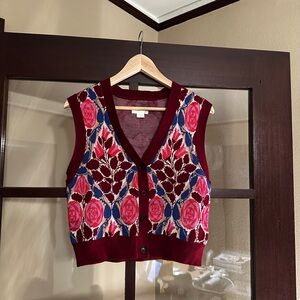 Anthropologie Red Pink Blue Floral Knit Button-Front Vest